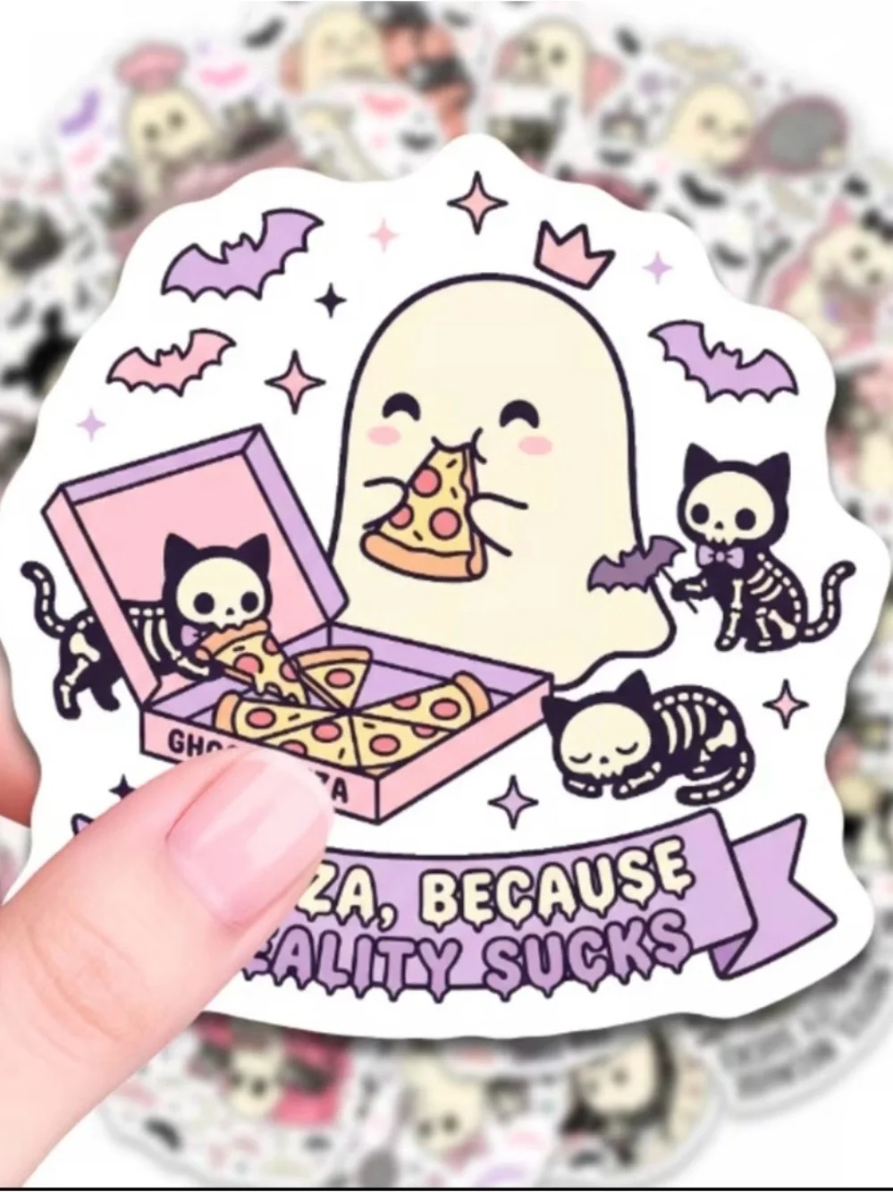 50 Cute Ghost & Her 3 Pet Cats Stickers Busy Kitty Because Reality Sucks' Pink